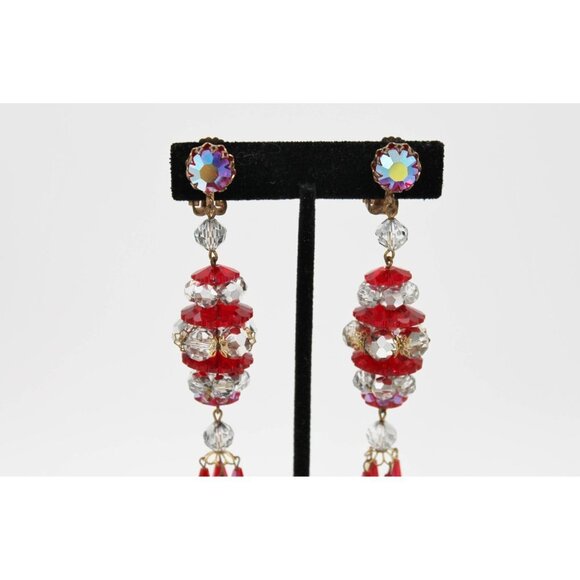 Vintage Red AB Crystal Rhinestone Statement Dangle Earrings - Picture 2 of 4